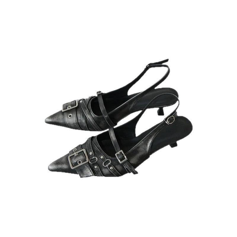 Women's Retro Pointed-Toe Ankle-Strap High Heel Sandals - Punk Style Mid Heel Shoes