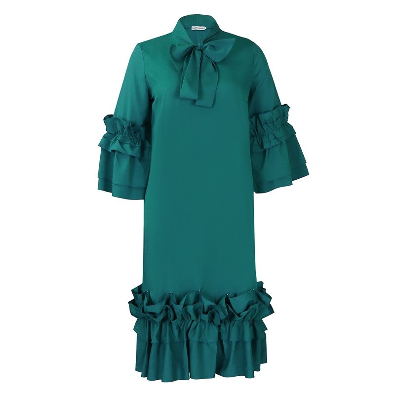 Stylish Ruffle Hem Trumpet Sleeve Dress