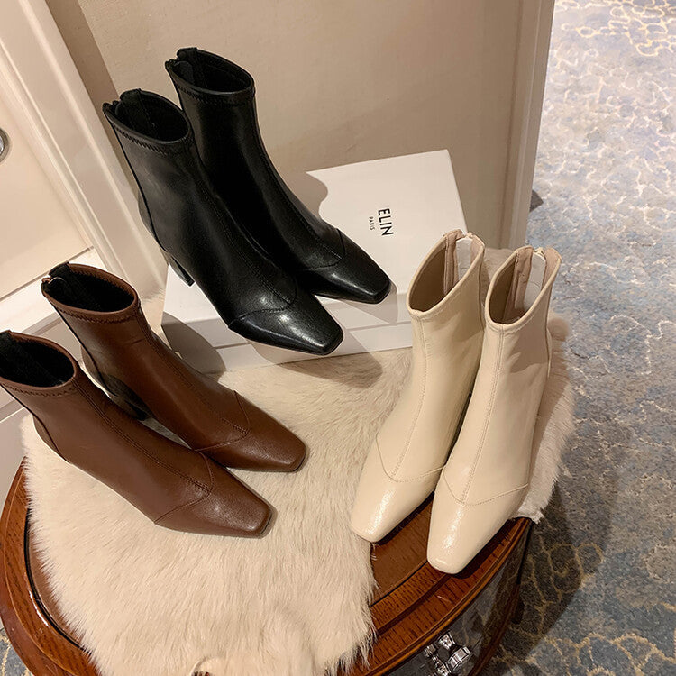 Women's Square Toe Elastic High Heel Boots - Chunky Heel Ankle Boots