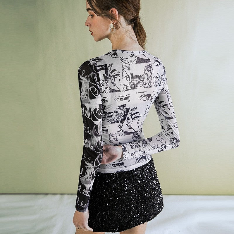 Chic Mesh Printed Top with Bold Contrast Design