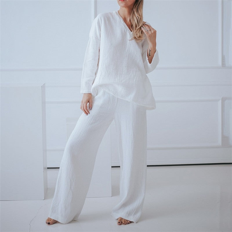 White Long-Sleeve Long Pants Pajama Set