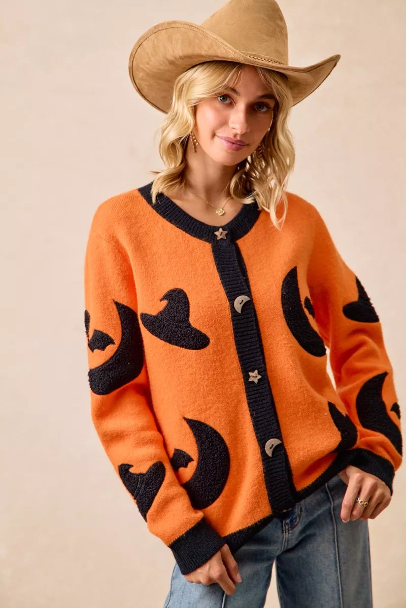 Halloween Witch Hat Moon Bat Artwork Cardigan