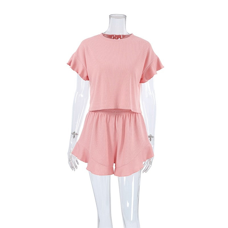 Solid Color Knit Short Sleeve Shorts Pajama Set