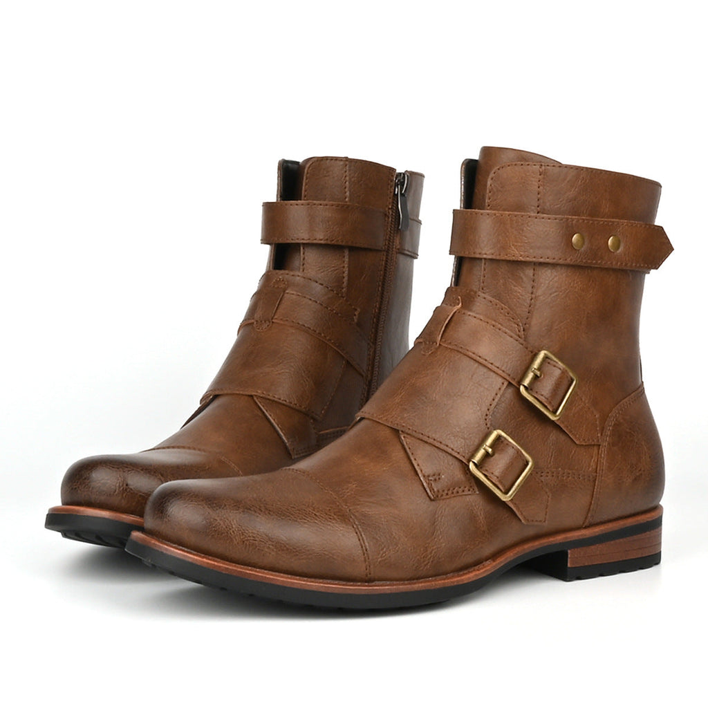 Men's Vintage Denim Boots | Metal Buckle Side-Zip Low Heel – Black & Brown