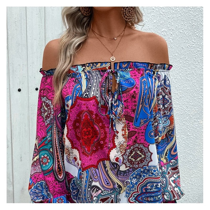 Stamped Literary Style Collar Top with Lotus Leaf Trim