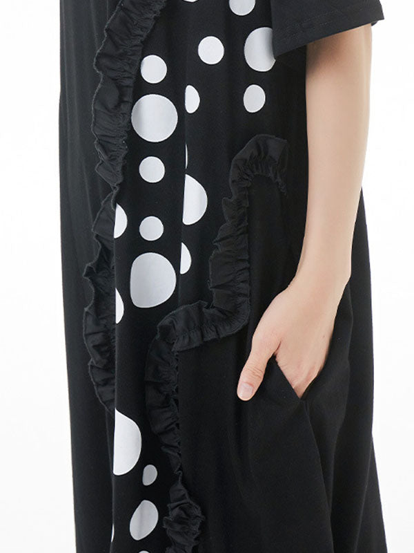 Loose Short Sleeves Polka-Dot Split-Joint Round-Neck Midi Dresses