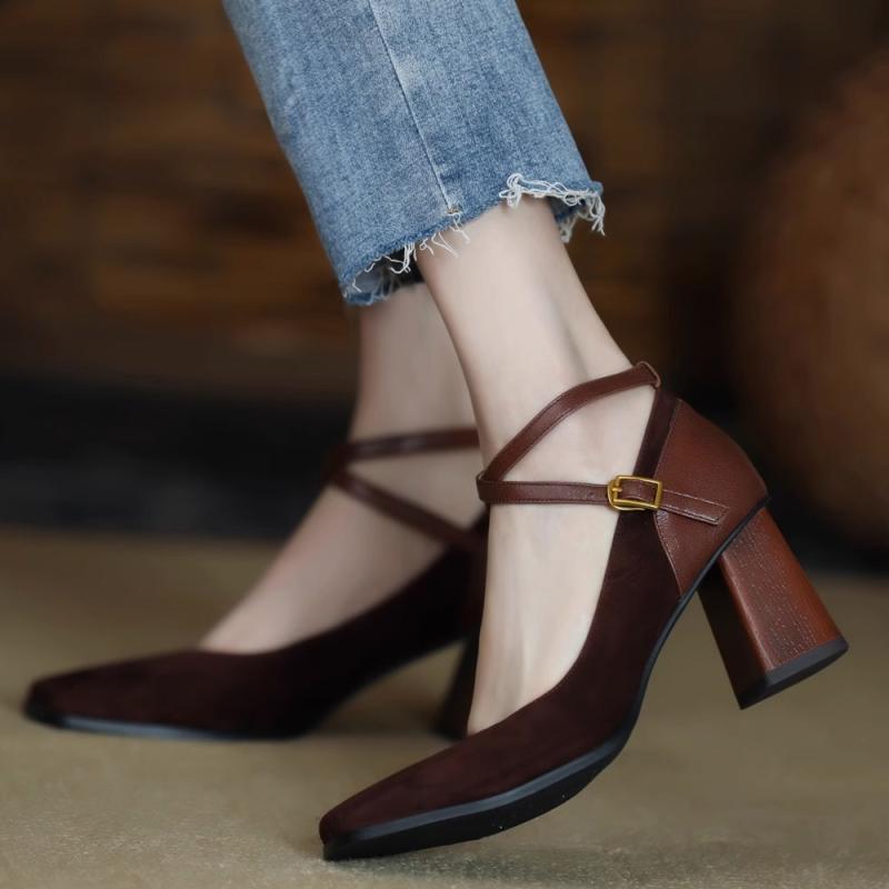 Women's Retro Chunky Heel Suede Pumps | Square Toe High Heels | Brown & Black
