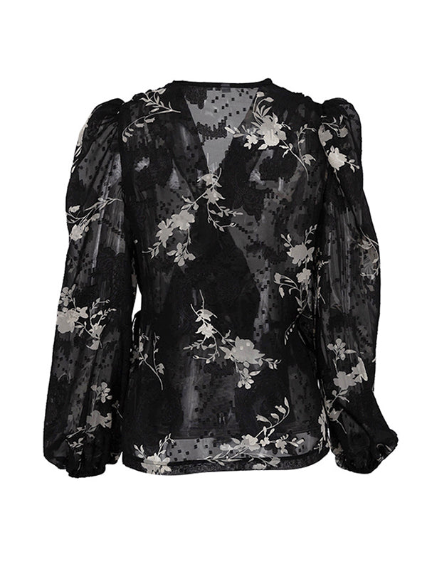 Loose Puff Sleeves Gauze Jacquard Lace-Up Pleated See-Through V-Neck Blouses&Shirts Tops