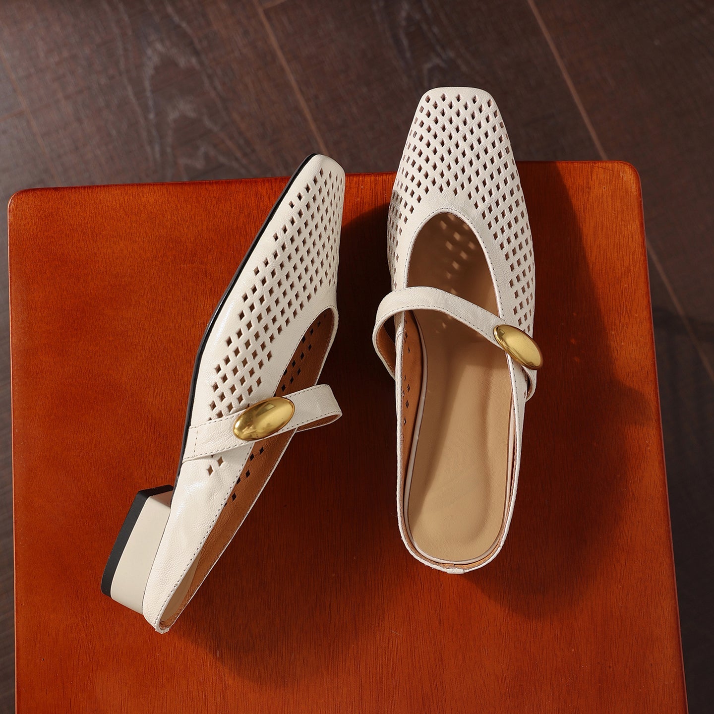 Women's Sheepskin Mary Jane Mules | Perforated Square Toe Low Block Heel Slides