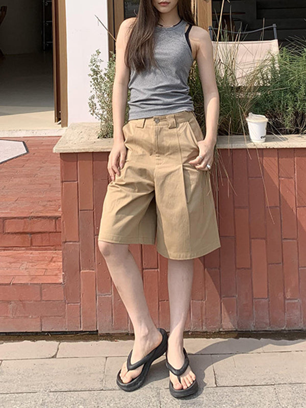 High Waisted Loose Pleated Solid Color Half Pants Shorts Bottoms