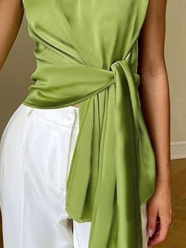 Loose Sleeveless Asymmetric Knot Solid Color Round-neck Vest Top
