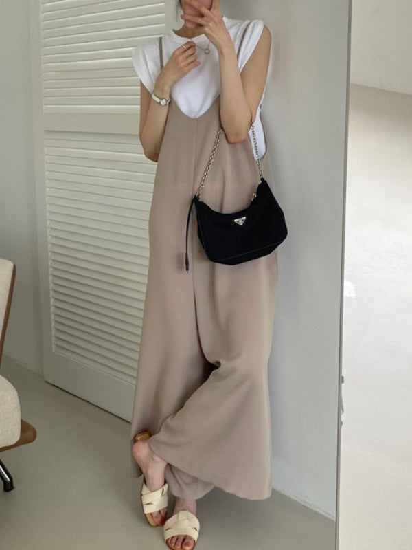 Wide Leg Solid Color Spaghetti-Neck Overalls