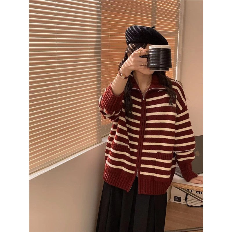 Long Sleeve Lapel Zipper Striped Casual Loose Knitted Cardigan Sweater