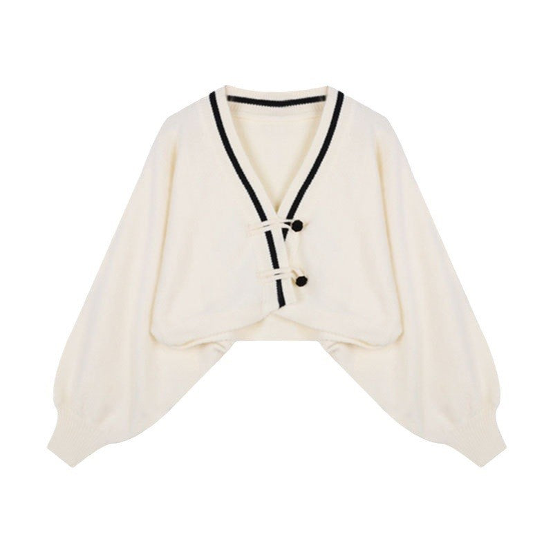 Contrast Color Long Sleeve V-Neck Chinese Knot Buttons Short Knitted Sweater