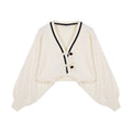 Contrast Color Long Sleeve V-Neck Chinese Knot Buttons Short Knitted Sweater