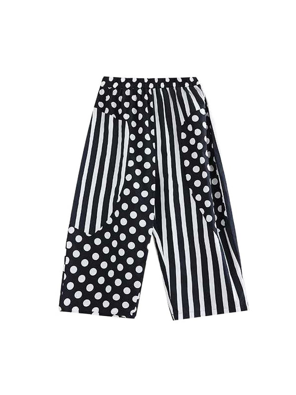 Half Sleeves High-Low Asymmetric Contrast Color Polka-Dot Split-Side Striped Lapel Blouses Top + Pants Bottom Two Pieces Set