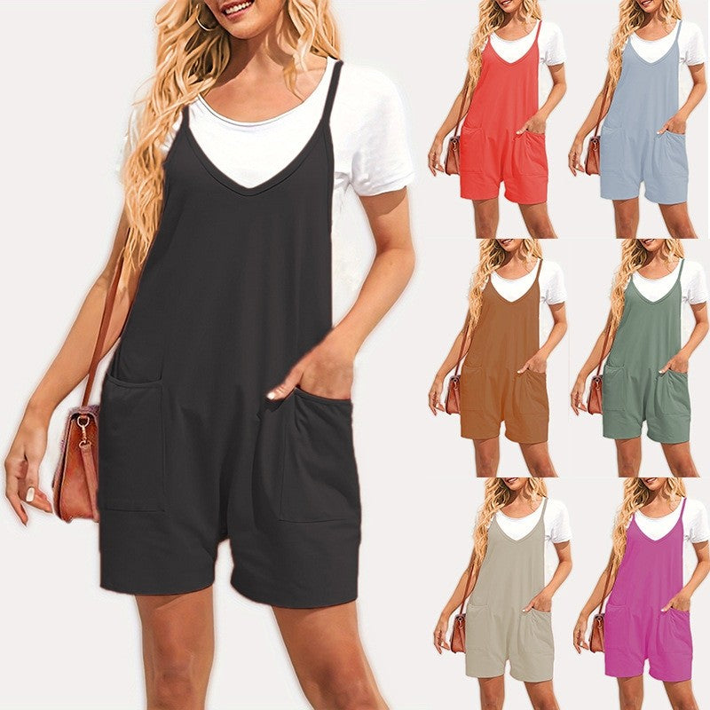 Solid Color Spaghetti Straps Sleeveless Pockets Casual Loose Short Jumpsuits