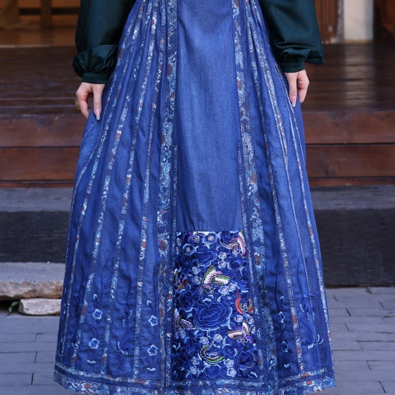 Vintage Denim Midi Skirt with Intricate Embroidery