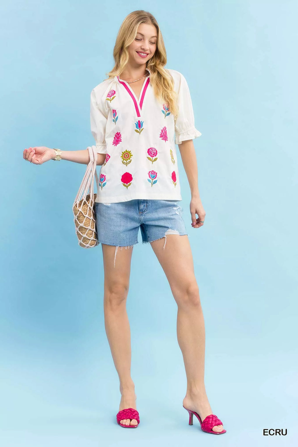 Embroidered Floral Top with Contrast Trim
