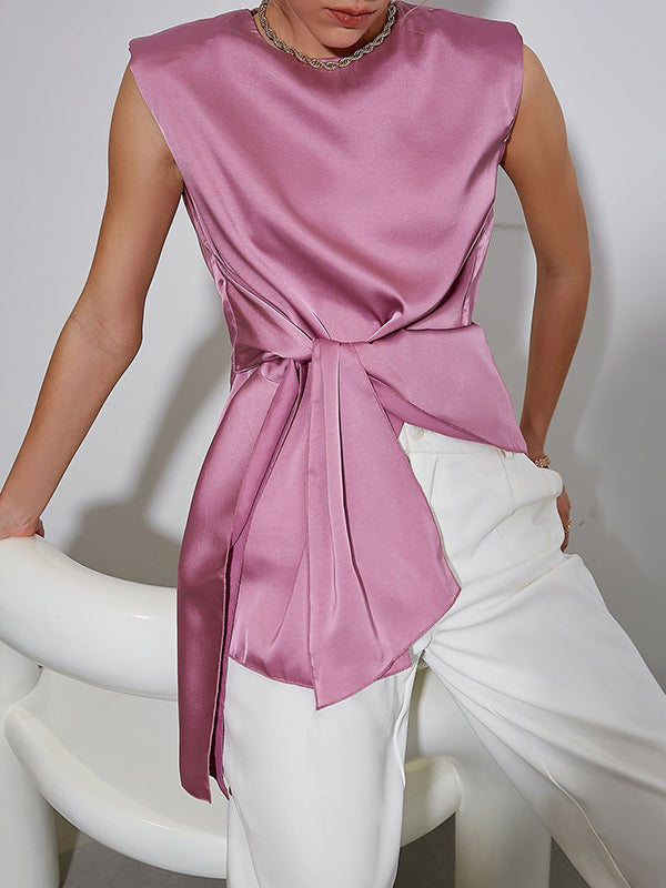Loose Sleeveless Asymmetric Knot Solid Color Round-neck Vest Top