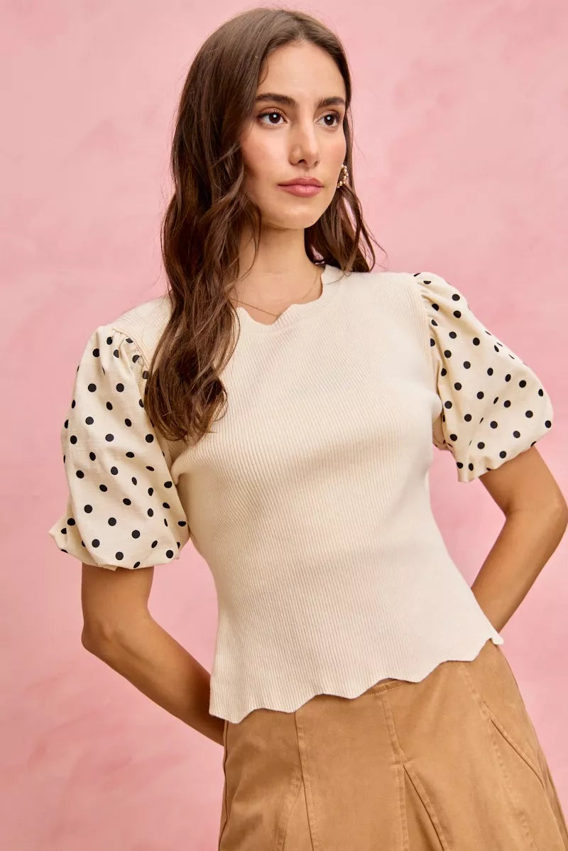 Polka Dot Contrast Woven Ballon Sleeve Blouse