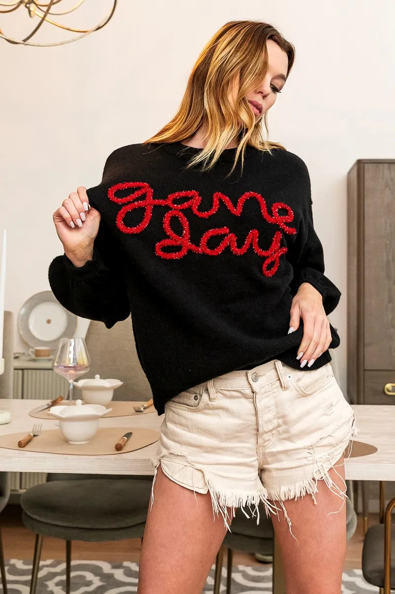Game Day Metallic Letter Sweater