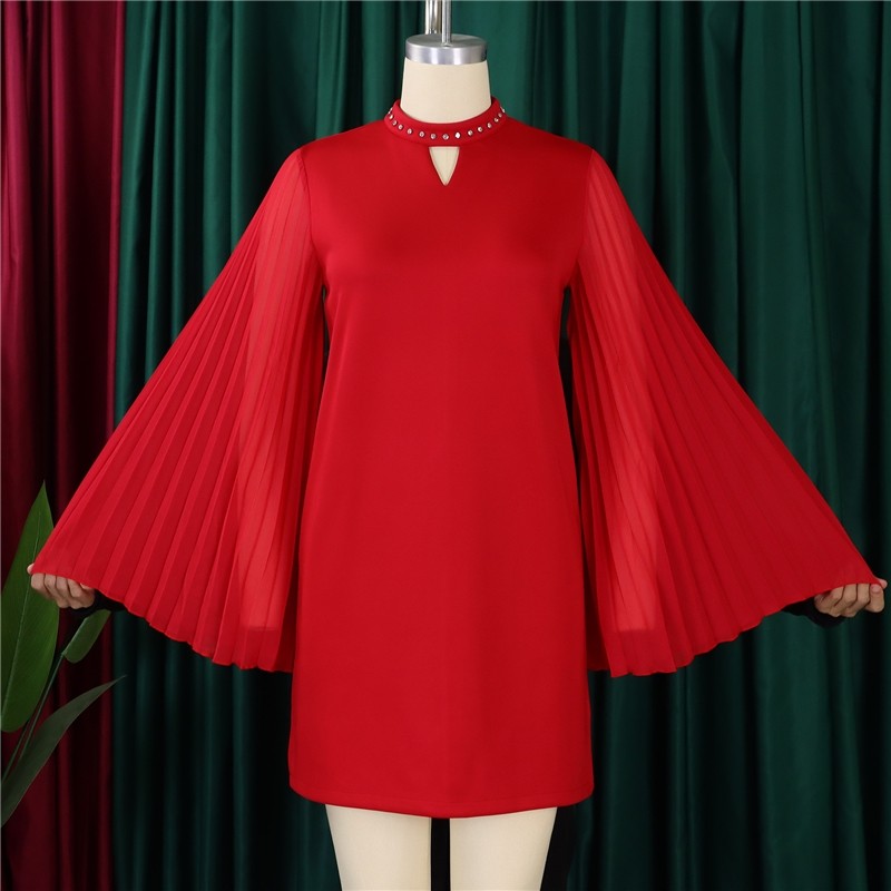 Chic Solid Color Bell Sleeve Dress with Pleats and Studs