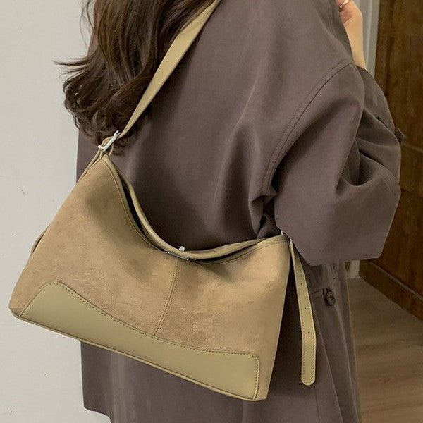 Women's Suede Bucket Crossbody Bag – Lock-Clasp Shoulder Bag with Double Straps