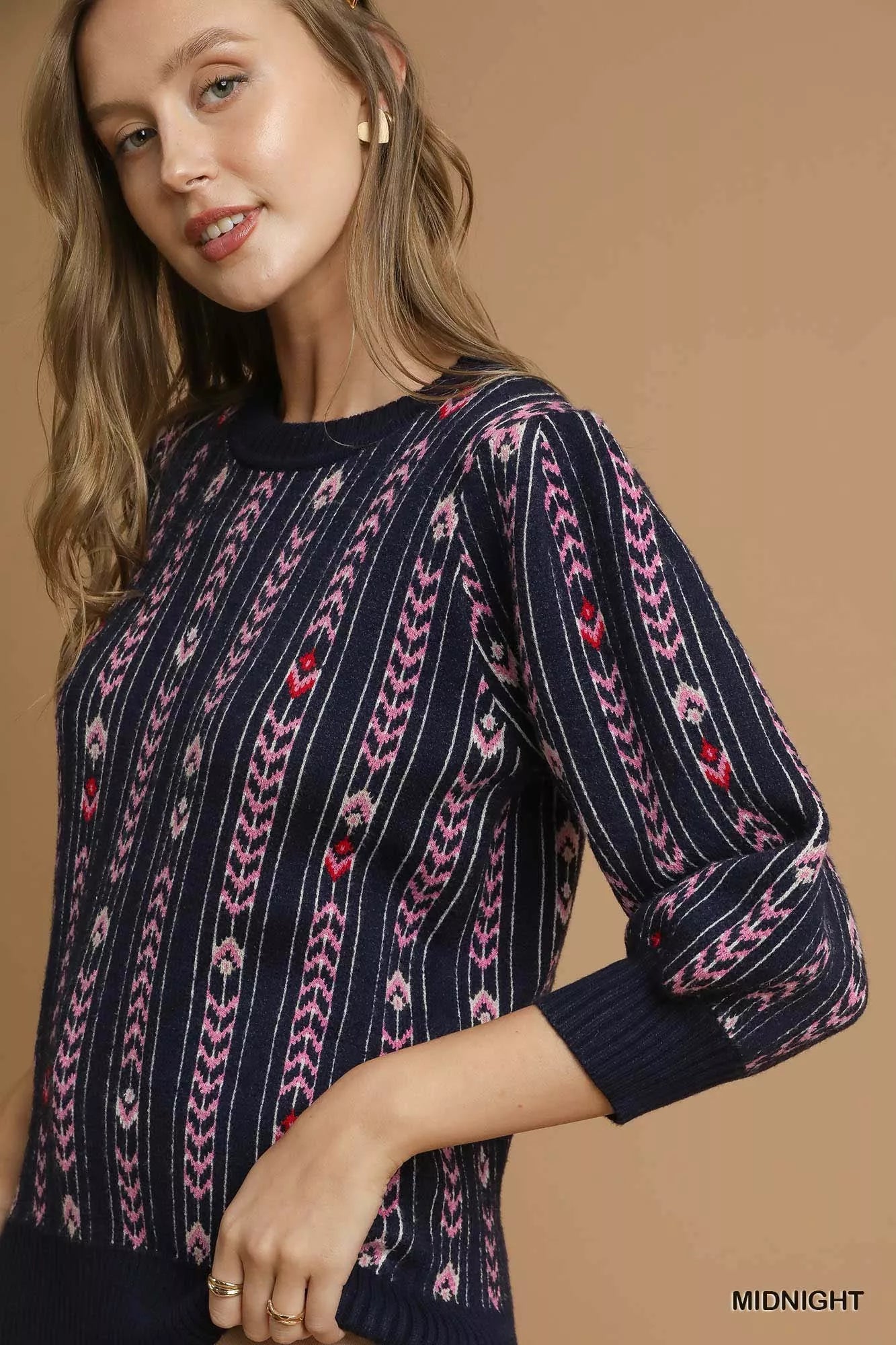 Jacquard Knit Puff Sleeve Sweater
