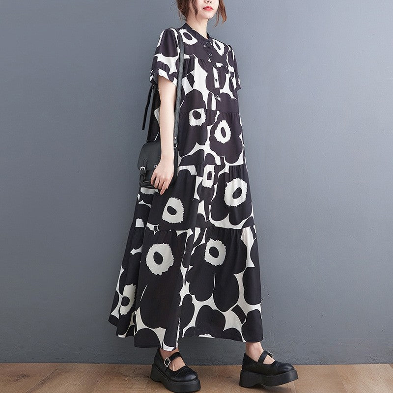 Loose Fit Fashion Short Sleeve Printed Midi Dress