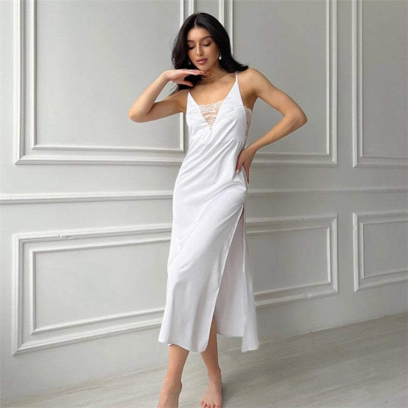 Lace Patchwork Nightdress and Robe Set with Adjustable Straps - Elegant Loungewear
