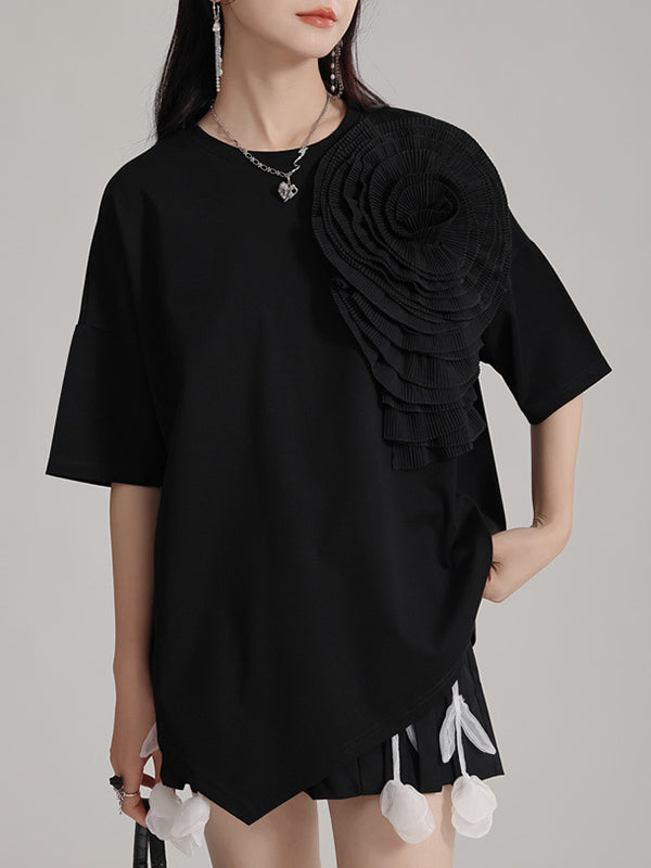Loose Short Sleeves Asymmetric Solid Color Three-Dimensional Flower Round-Neck T-Shirts Tops