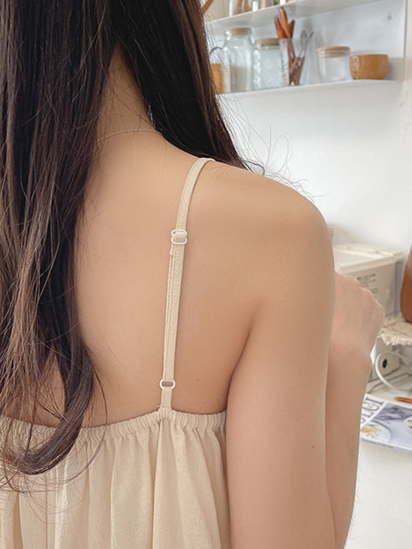 Loose Sleeveless Elasticity Pleated Ruffled Solid Color Spaghetti-Neck Midi Dresses Pajama Dress