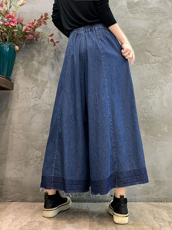 Loose Wide Leg Drawstring Elasticity Fringed Pockets Jean Pants Bottoms