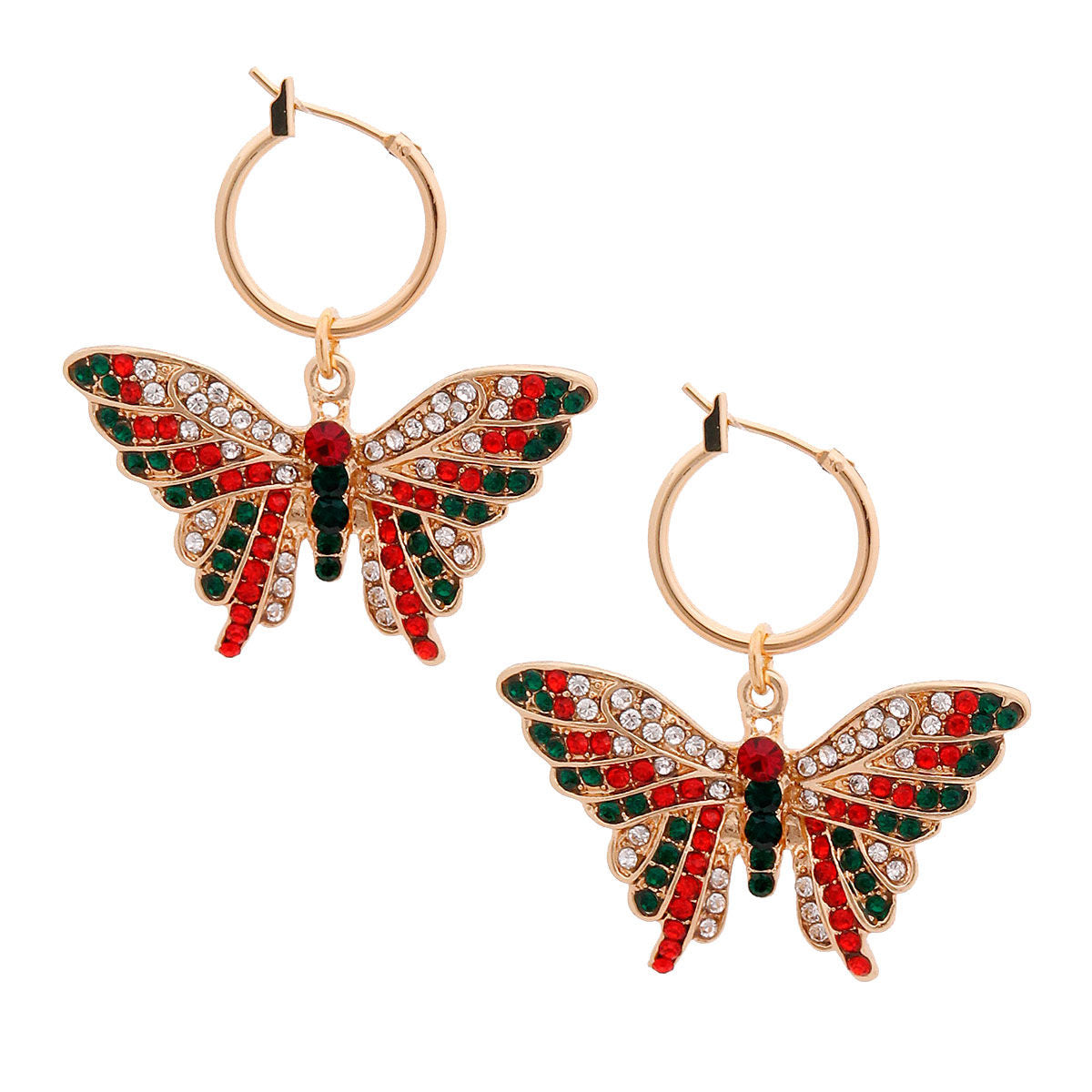 Butterfly Hoop Earrings Red and Green Stylish Statement Jewelry