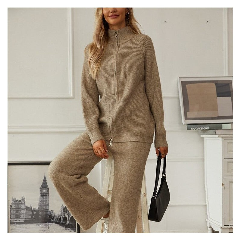 Knit Zip-Up Lapel Sweater and Wide-Leg Pants Set