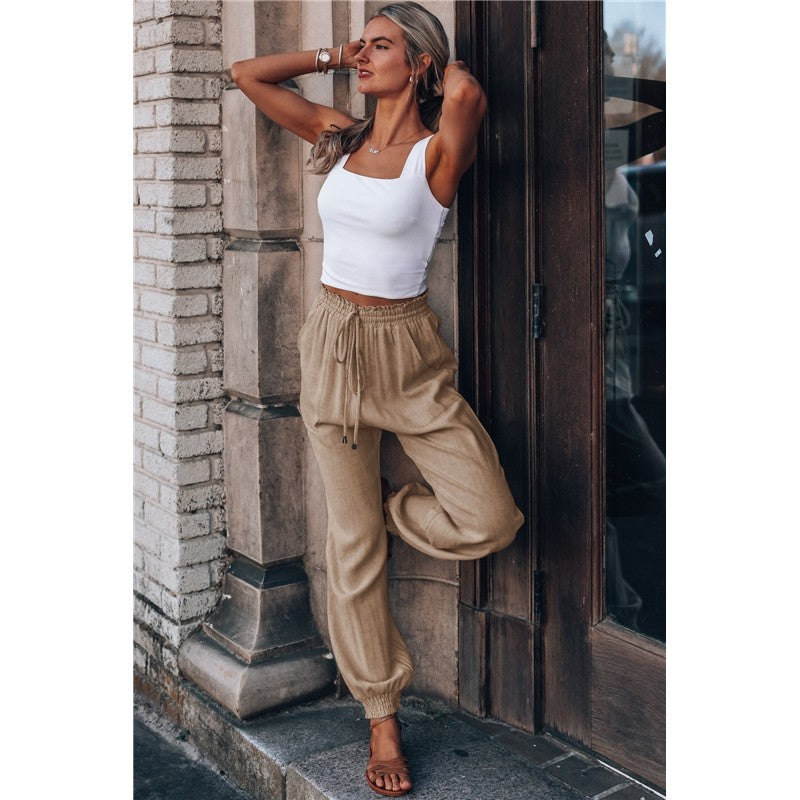 Solid Color Elastic Waist Drawstring Casual Harem Pants