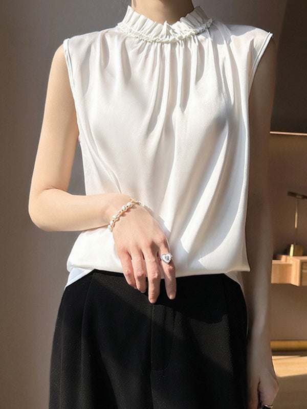 Loose Sleeveless Pleated Ruffle Trim Solid Color Stand Collar Vest Top
