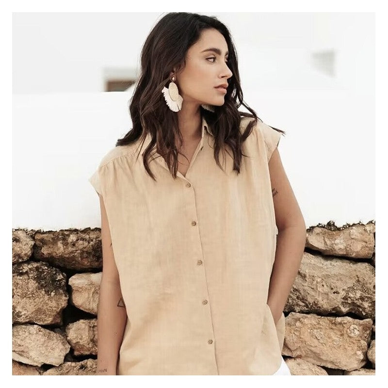 Sleek Linen Sleeveless Solid Color Blouse