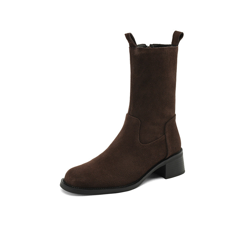 Women's Retro Western Chunky Heel Ankle Boots – Genuine Leather Side Zipper