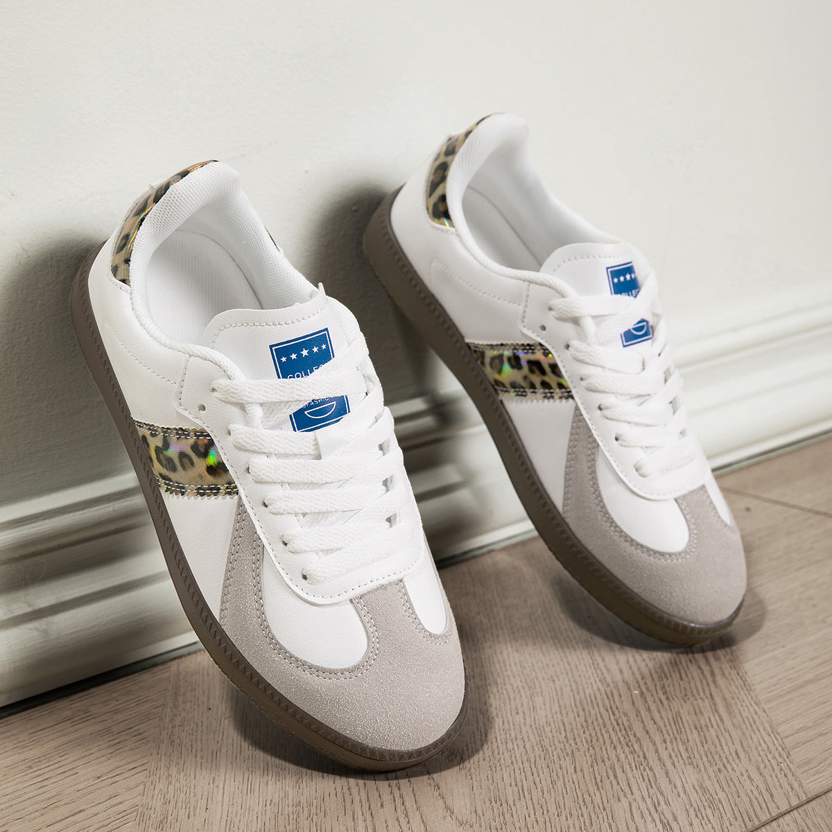 Women's Leopard Print Lace-Up Casual Sneakers | Color-Block Low-Top Flat Shoes