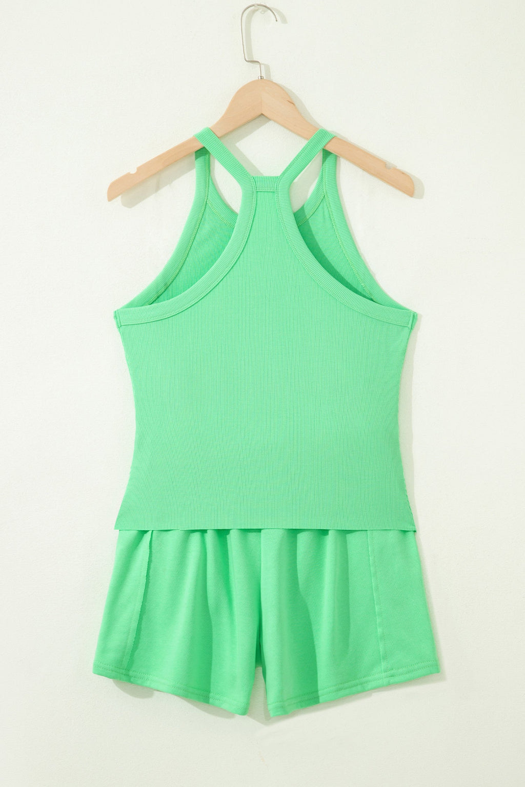 Green Slim Tank Top Elastic High Waist Shorts 2pcs Outfit