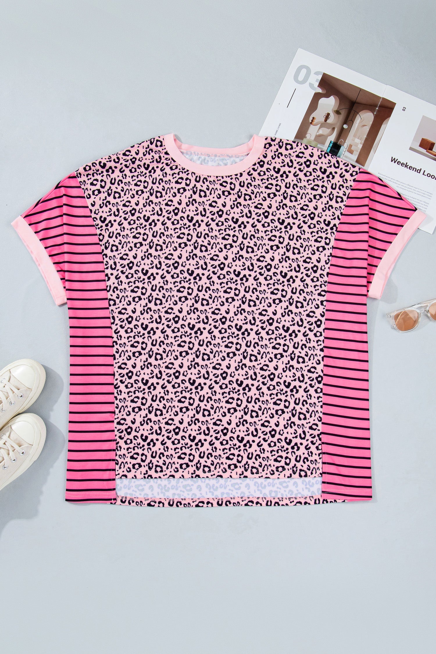 Pink Leopard Striped Contrast Patchwork Plus Size Tee
