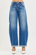 Full Size Mid Rise Barrel Double Roll Up Jeans Plus Size