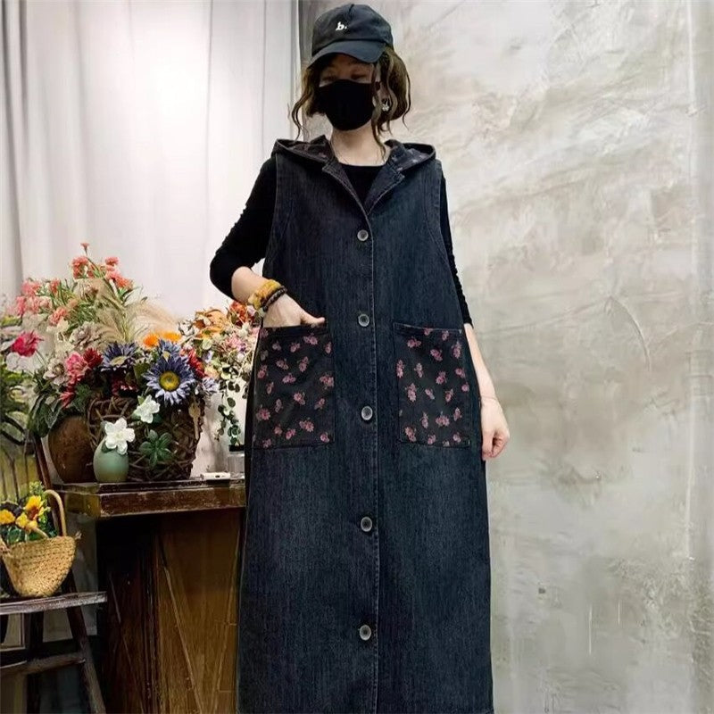 Loose Hooded Long Denim Vest With Printed Patterns