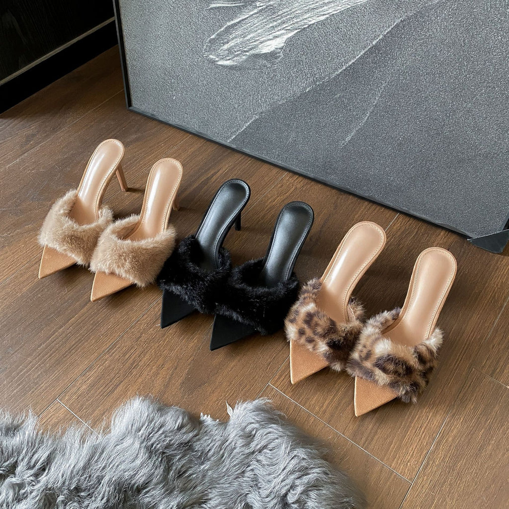 Pointed-Toe High-Heel Plush Slippers