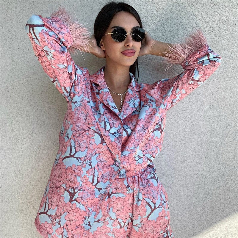 Long Sleeve Ostrich Print Shorts Pajama Set