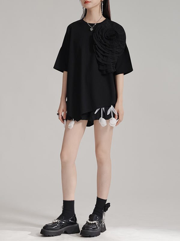 Loose Short Sleeves Asymmetric Solid Color Three-Dimensional Flower Round-Neck T-Shirts Tops