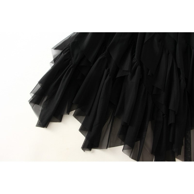 Elastic Waist Mesh Skirt with Irregular Ruffled Hem - Solid Color
