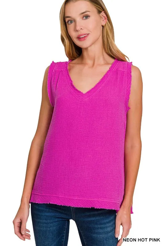 Double Gauze Raw Edge V-Neck Tank
